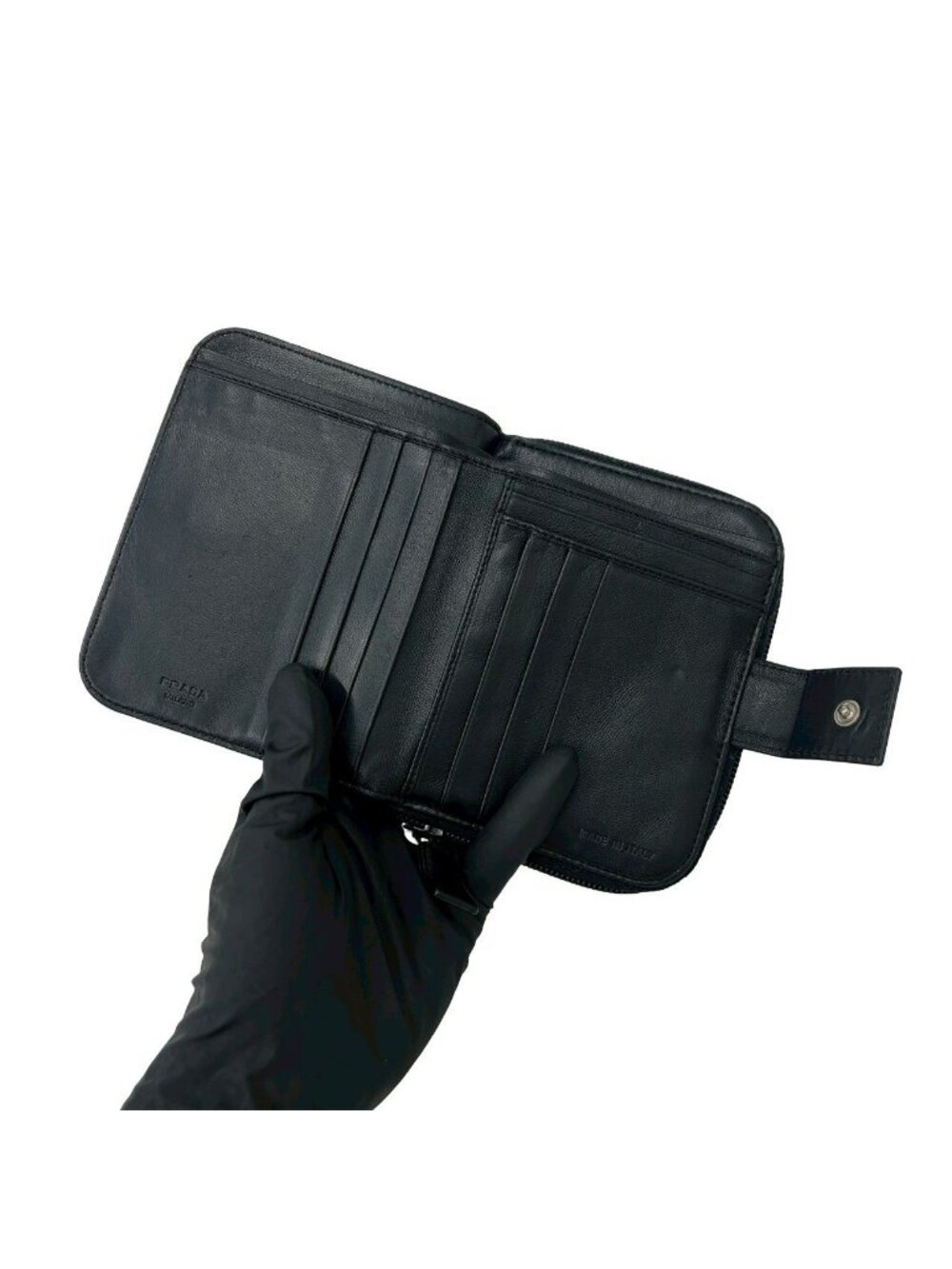 Prada Triangle Logo Leather Bifold Wallet Mini Coin Case Card Black - Picture 7 of 10